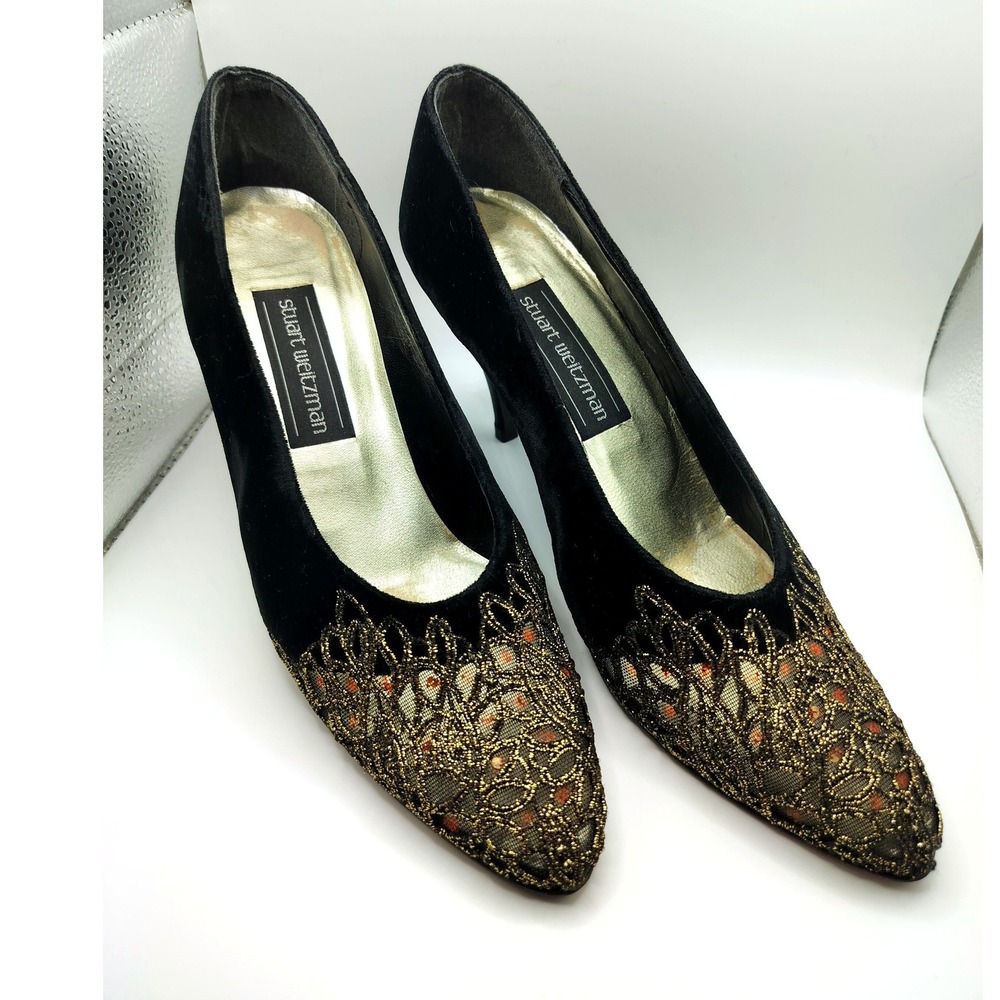 Stuart Weitzman Velvet Gold Lace Pointed Toe Heels Womens‎ 8 AA Black Metallic